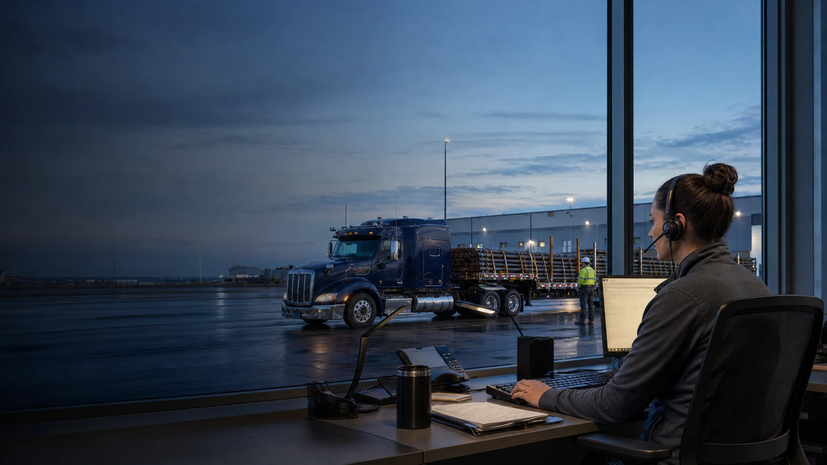 Dispatcher coordinating a secured open-deck load from the operations office